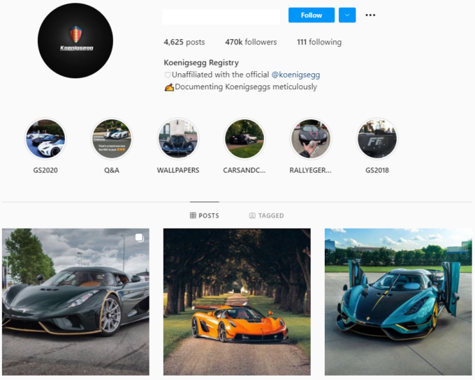 Buy Koenigsegg Car Instagram Account with 470K Followers