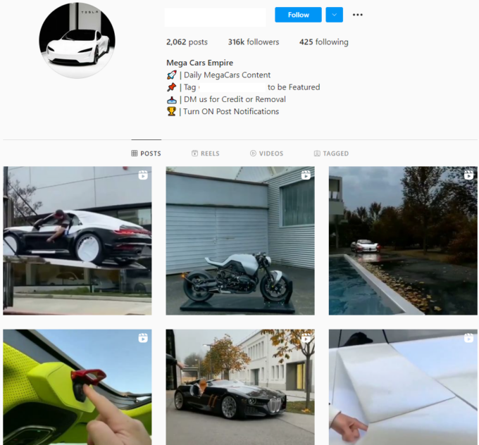 Buy Cars Empire Instagram Account with 310K Followers