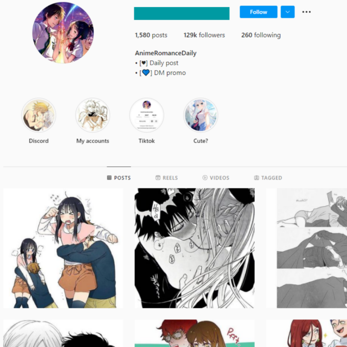 129K Romantic Anime Instagram Account for Sale