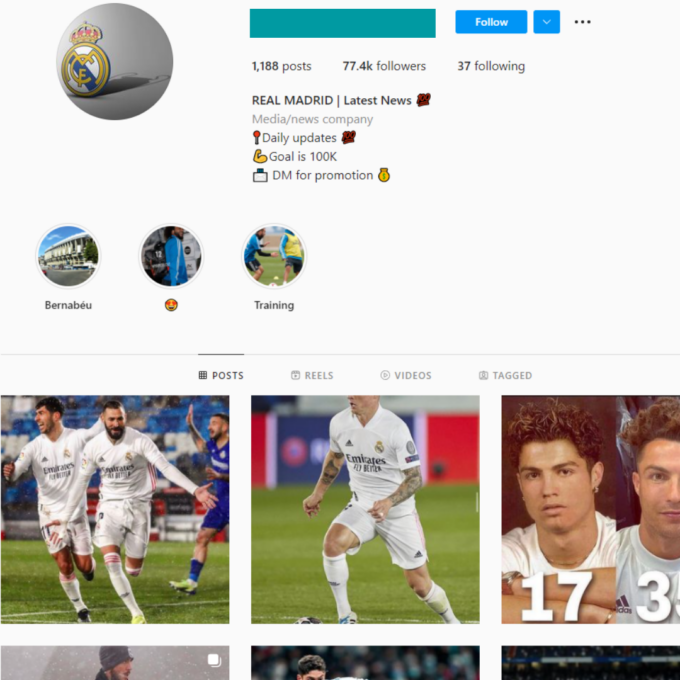 70K Real Madrid Football Instagram Account for Sale