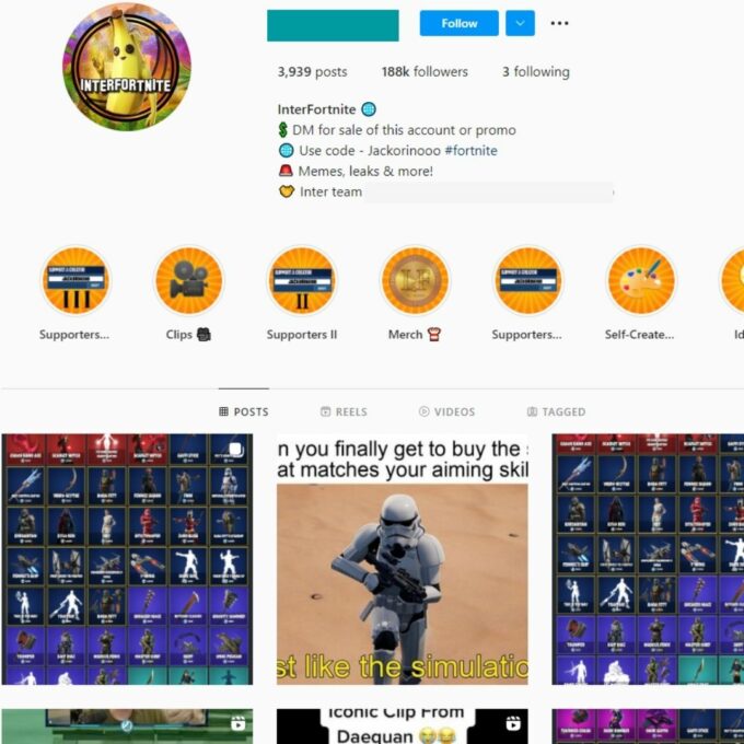 180K Fortnite Gaming Instagram Account for Sale