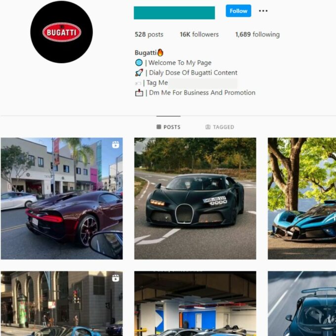 16K Bugatti Car Instagram Account for Sale