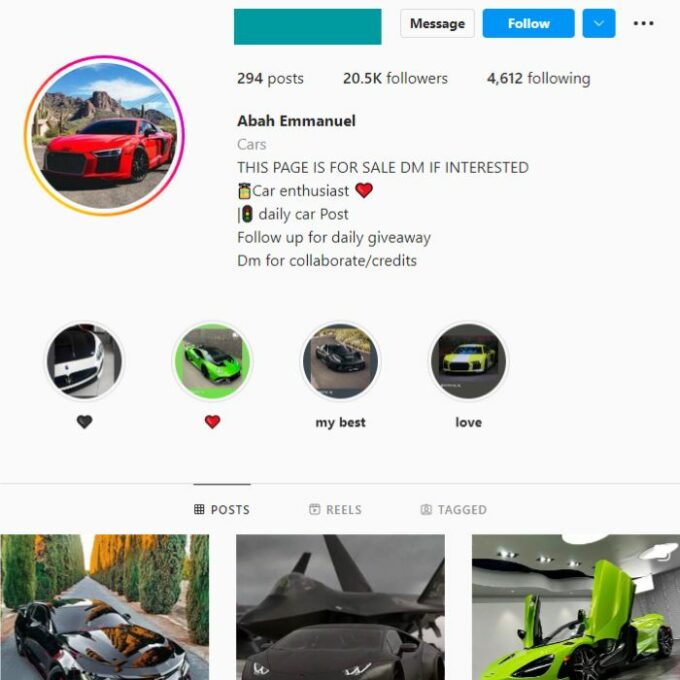 20K Supercars Instagram Account for sale