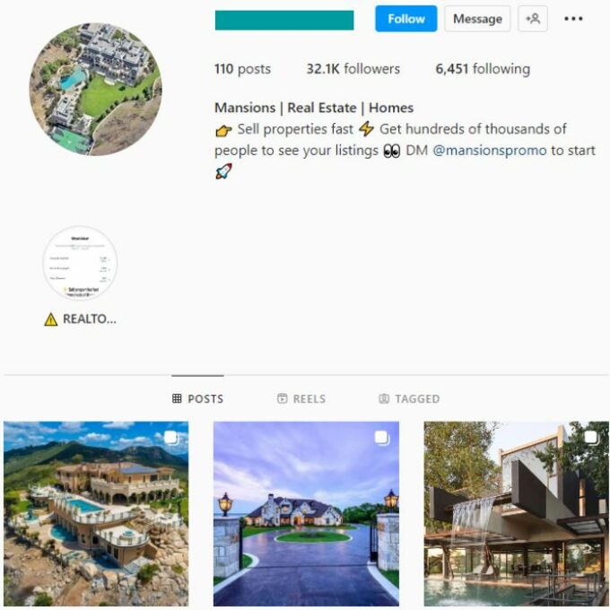 30K Real Estate Mansions Instagram Account for sale