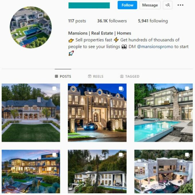 35K Real Estate Mansions Instagram Account for sale