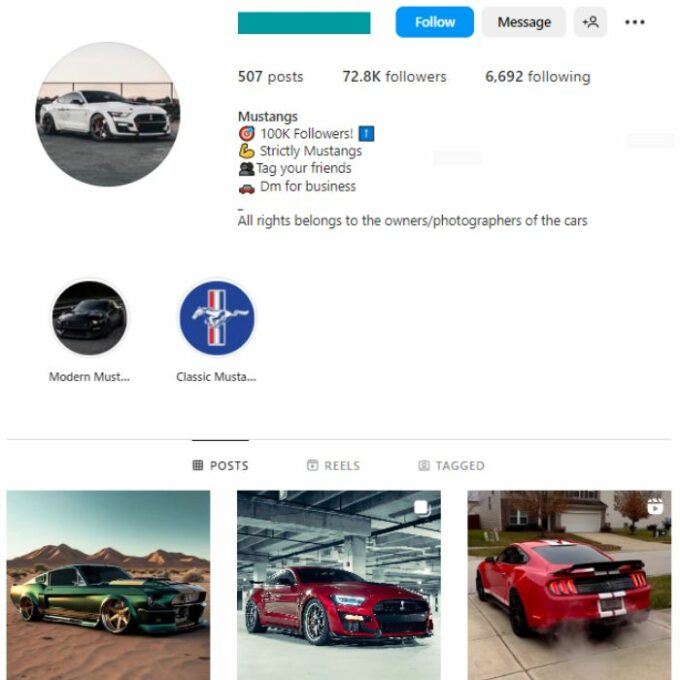 70K Mustang Car Instagram Account for sale