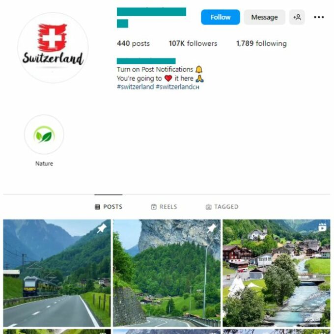 100K Travel Switzerland Instagram Account for sale