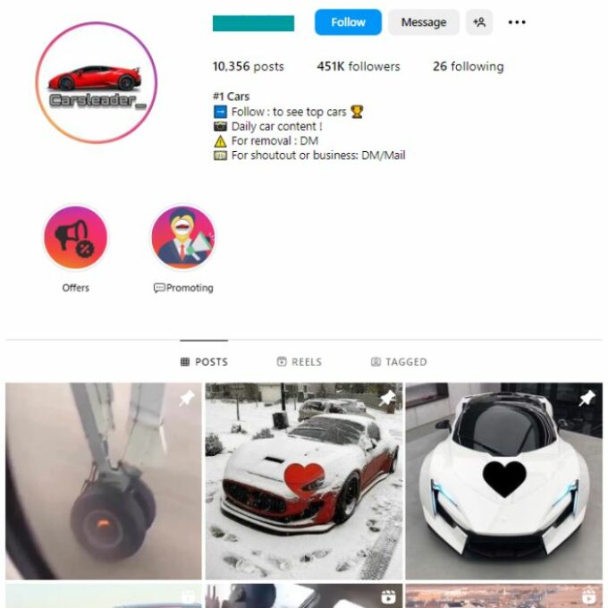 450K Supercars Instagram Account for sale