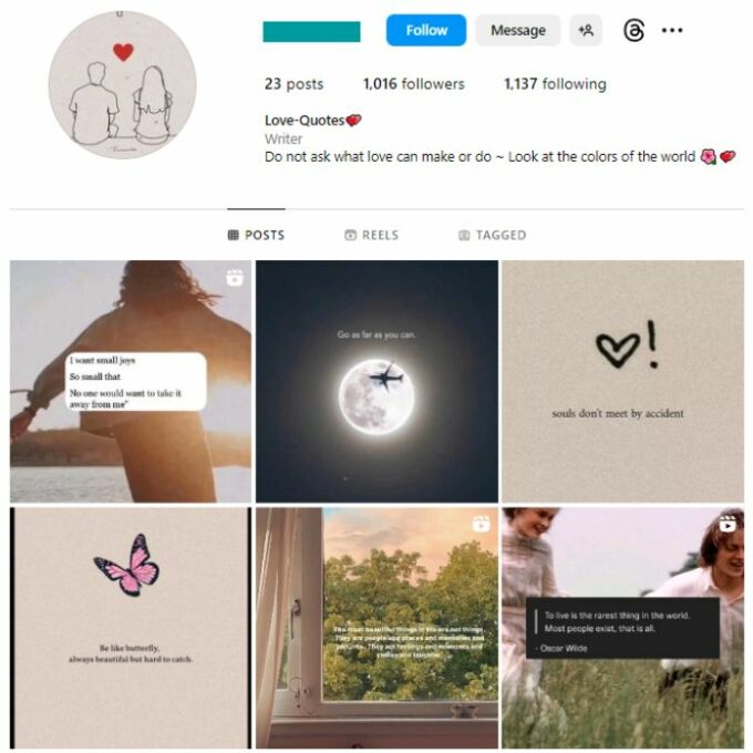 1K Love Quotes Instagram Account for sale