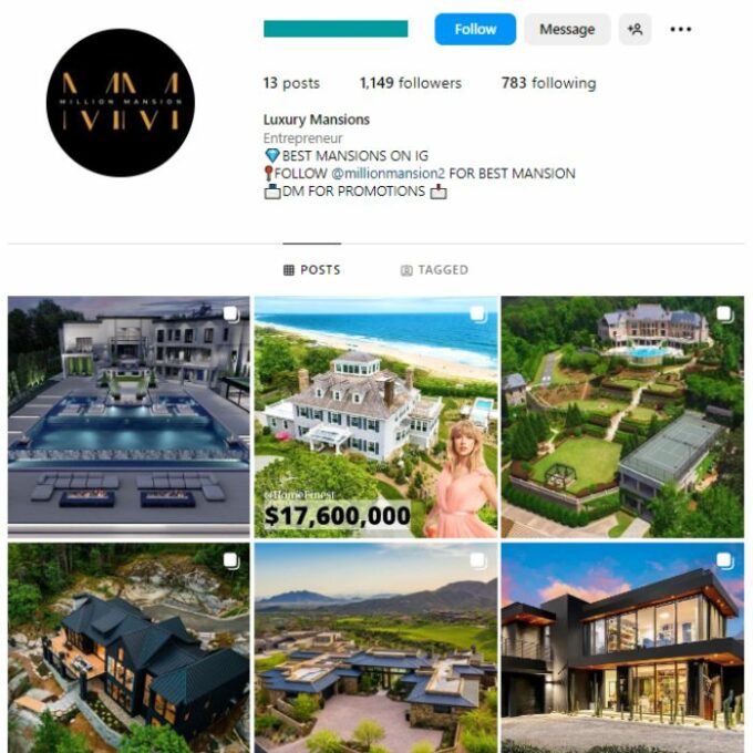 1K Luxury Mansions Instagram Account for sale