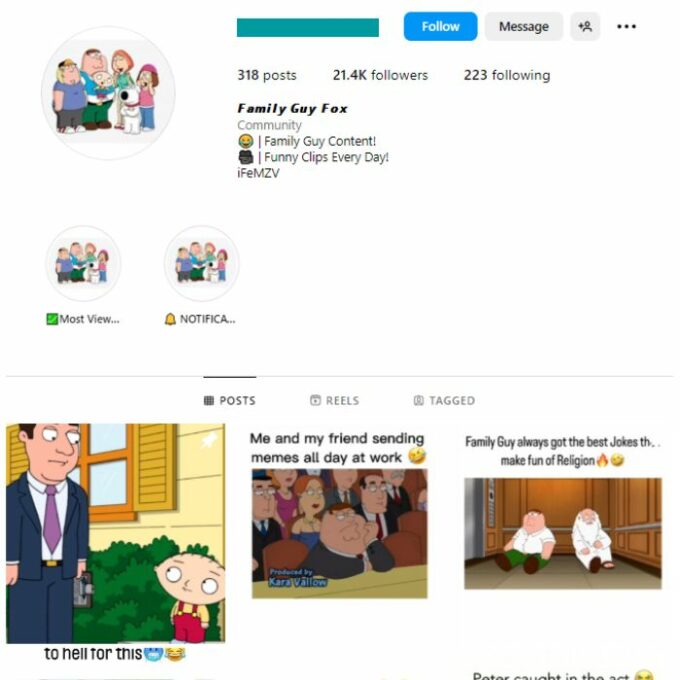 20K Family Guy TV show Instagram Account for sale
