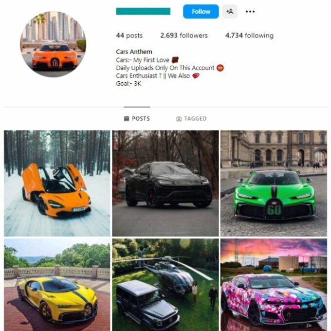 2K Super Cars Instagram Account for sale