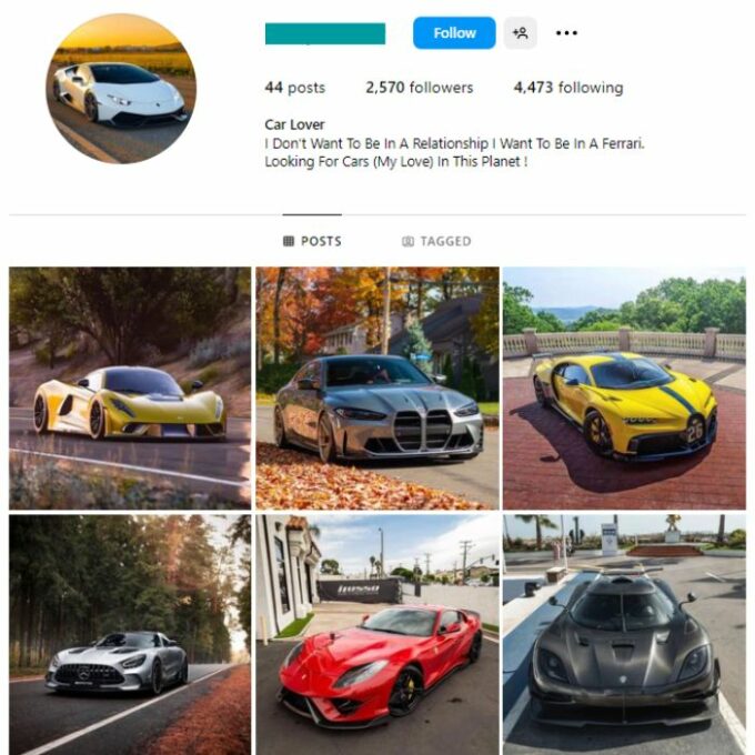 2K Super Cars Instagram Account for sale