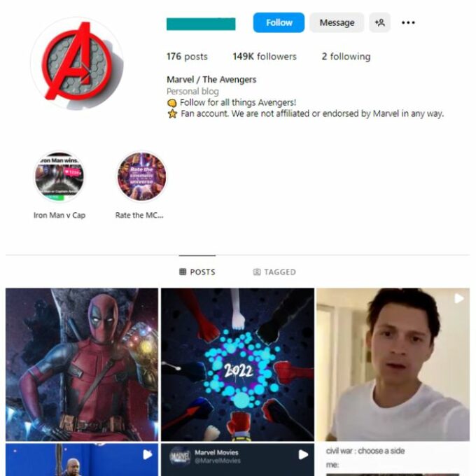 145K Avengers Movies Instagram Account for sale