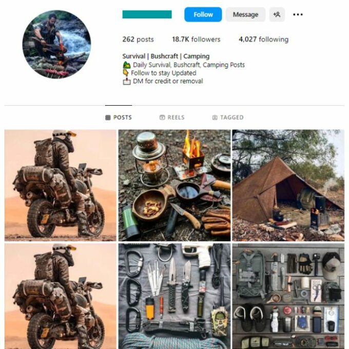 18K Survival Camping Instagram Account for sale