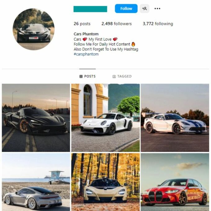 2K Exotic Cars Instagram Account for sale