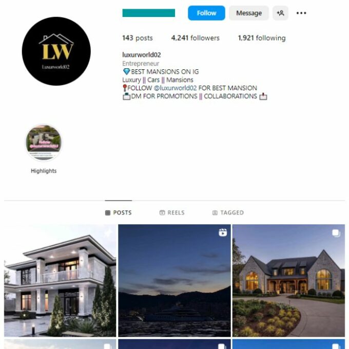 4K Luxury Mansions Instagram Account for sale