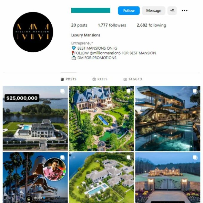 1K Luxury Homes Instagram Account for sale