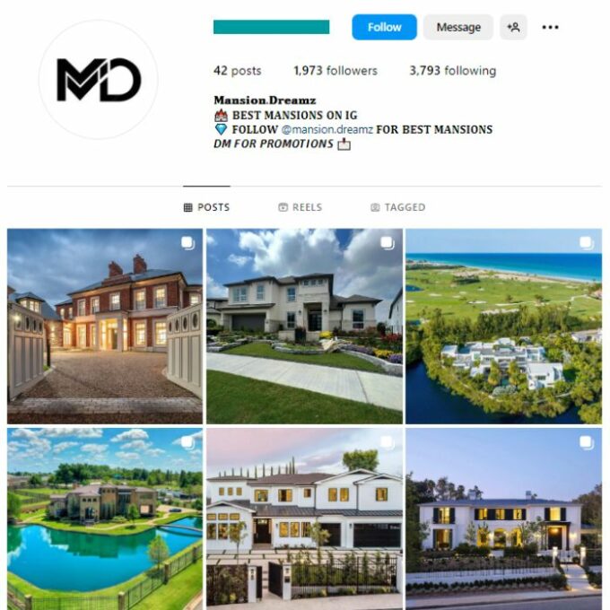 1K Luxury Mansions Instagram Account for sale