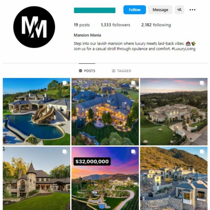 1K Luxury Mansions Instagram Account for sale