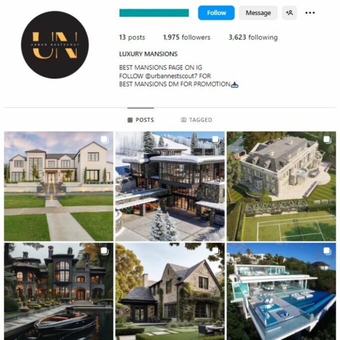 1K Real Estate Mansions Instagram Account for sale