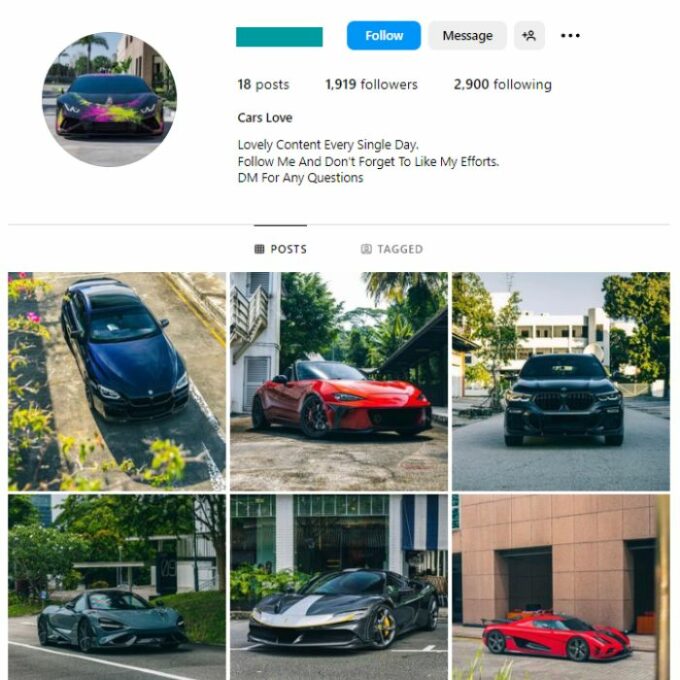 1K Super Cars Instagram Account for sale
