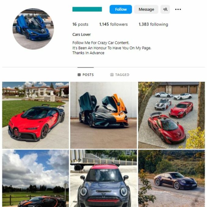 1K Super Cars Instagram Account for sale