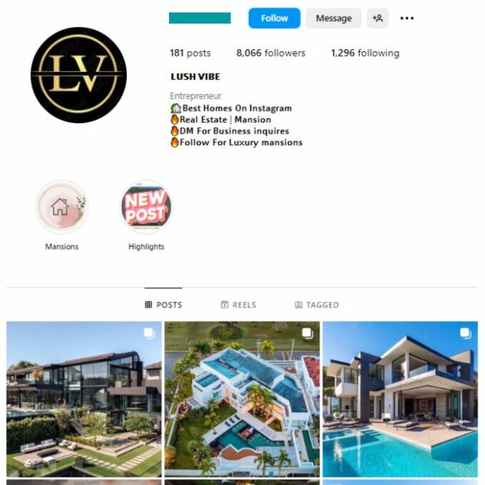8K Grand Mansions Instagram Account for sale