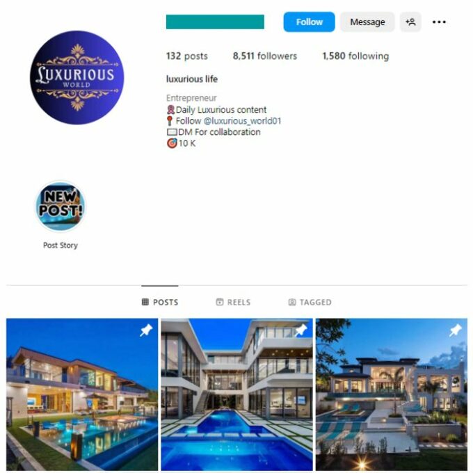 8K Luxury Mansions Instagram Account for sale