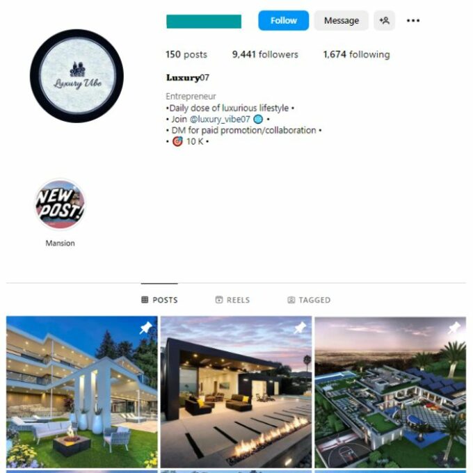 9K Luxury Mansions Instagram Account for sale