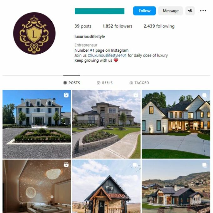 1K Beautiful Mansions Instagram Account for sale