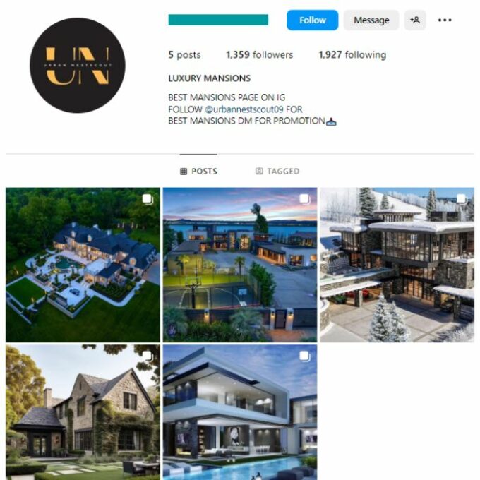 1K Luxury Mansions Instagram Account for sale