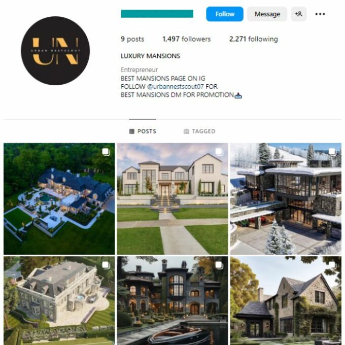 1K Mega Mansions Instagram Account for sale