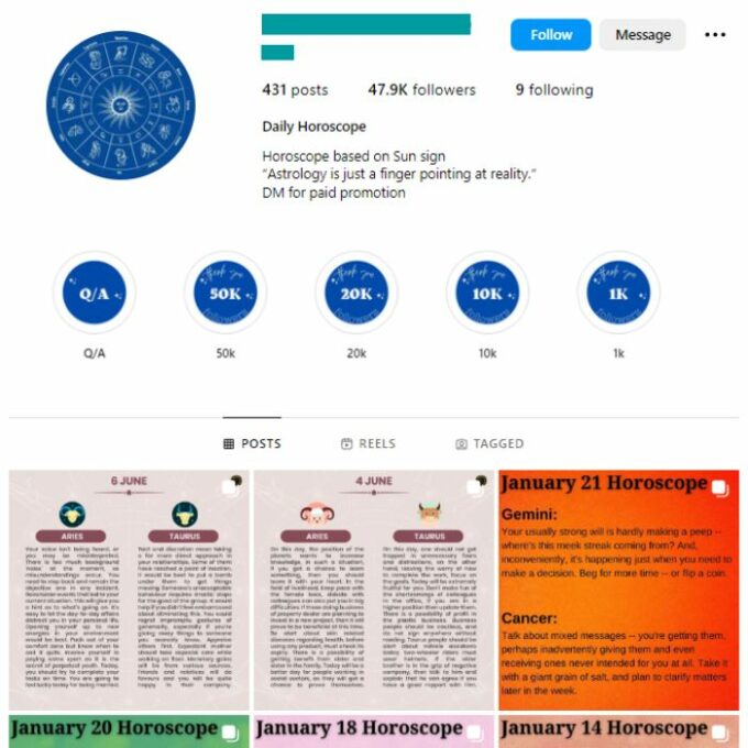 45K Zodiac Astrology Instagram Account for sale
