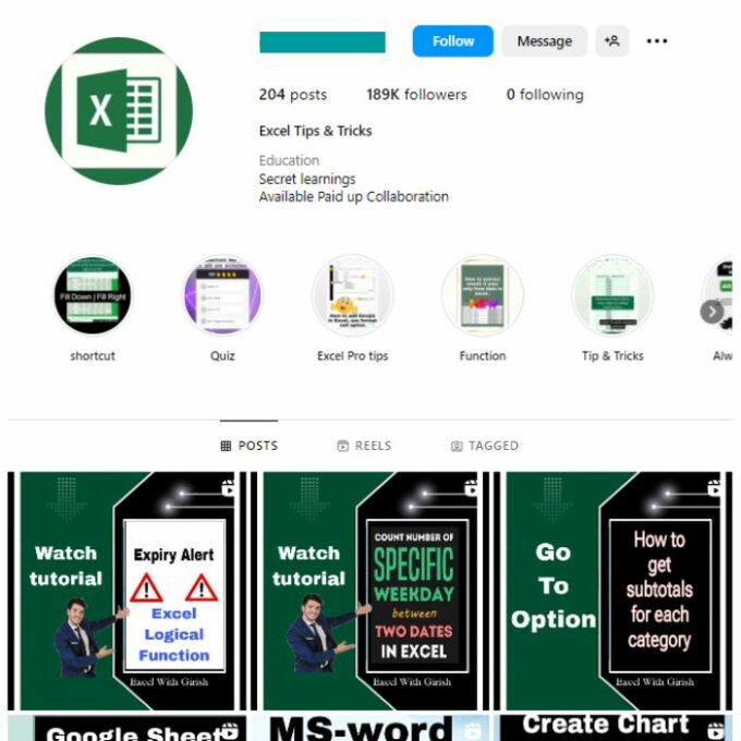 180K MS Excel Tips Instagram Account for sale