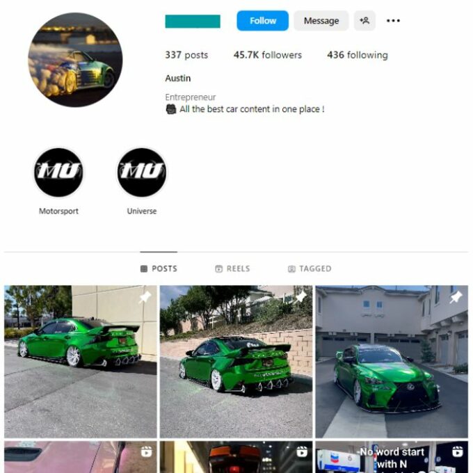 45K Supercars Instagram Account for sale
