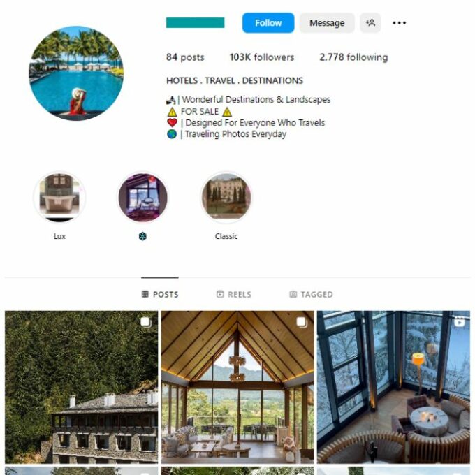 100K Travel Hotels Instagram Account for sale