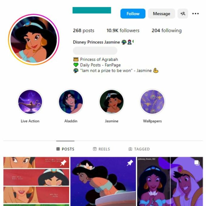 10K Disney Princess Jasmine Instagram Account for sale