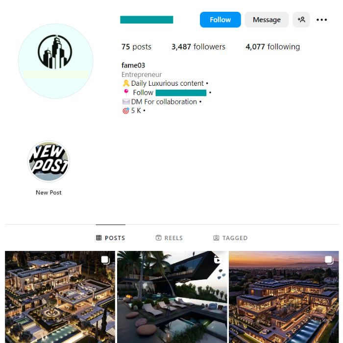 3K Mega Mansions Instagram Account for sale