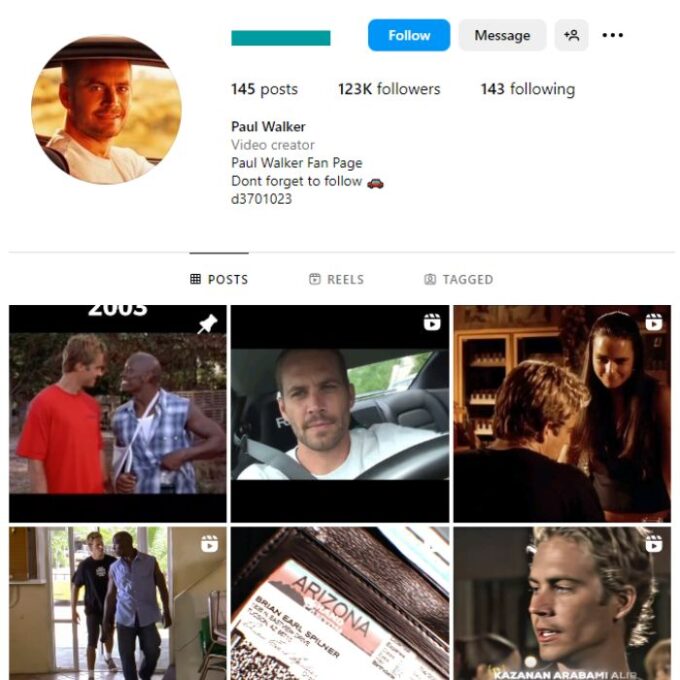 120K Paul Walker Fan Instagram Account for sale