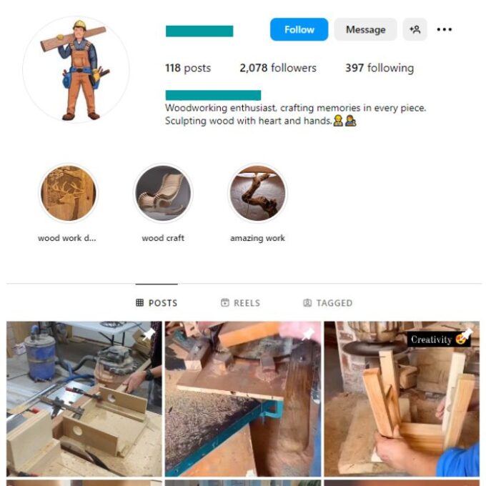 2K Woodworking Carpenter Instagram Account for sale