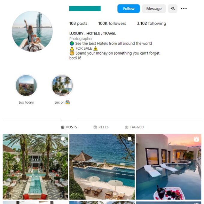 95K Travel Hotels Instagram Account for sale