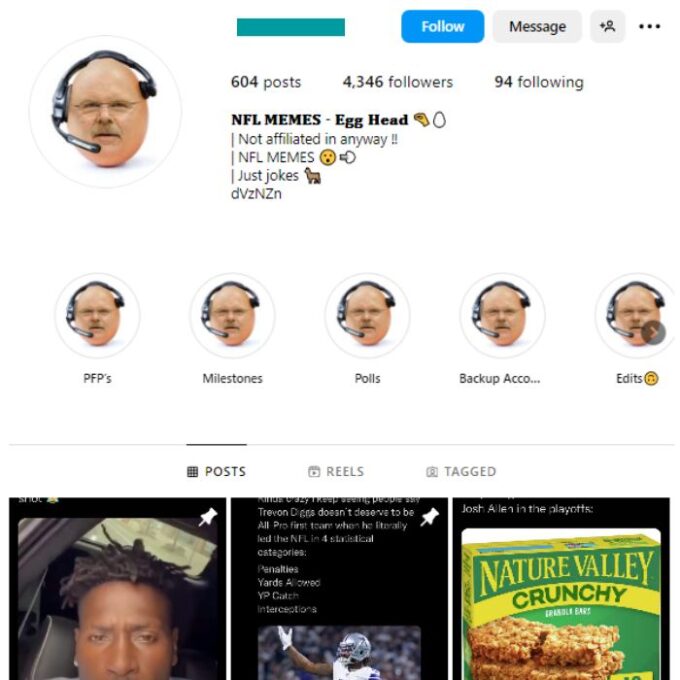 4K NFL Memes Instagram Account for sale