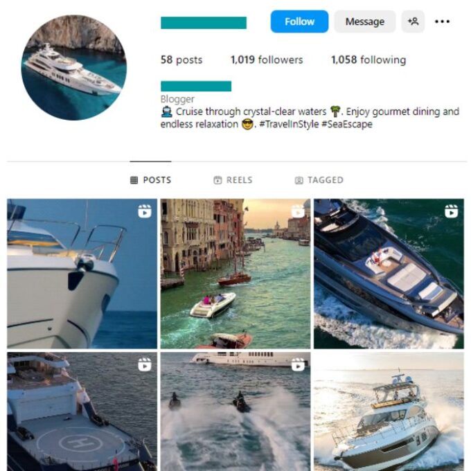 1K Yachts Luxury Instagram Account for sale