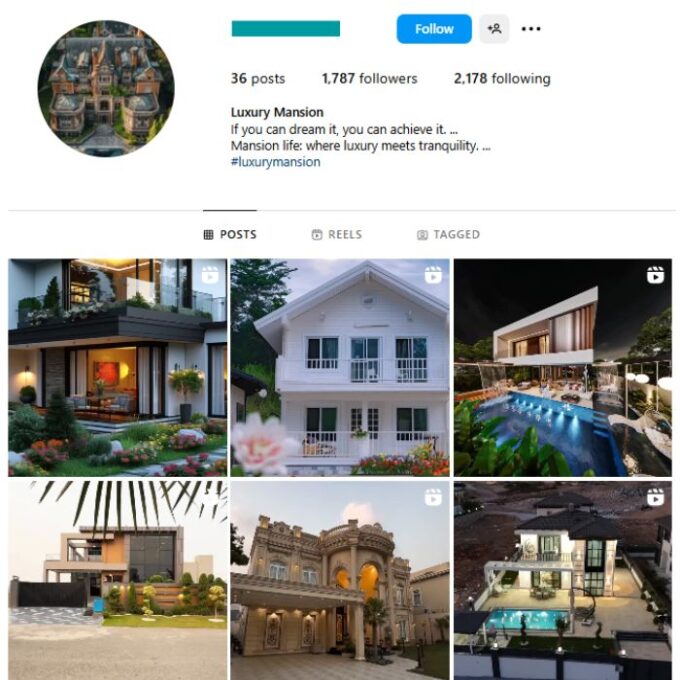 1K Mega Mansions Instagram Account for sale