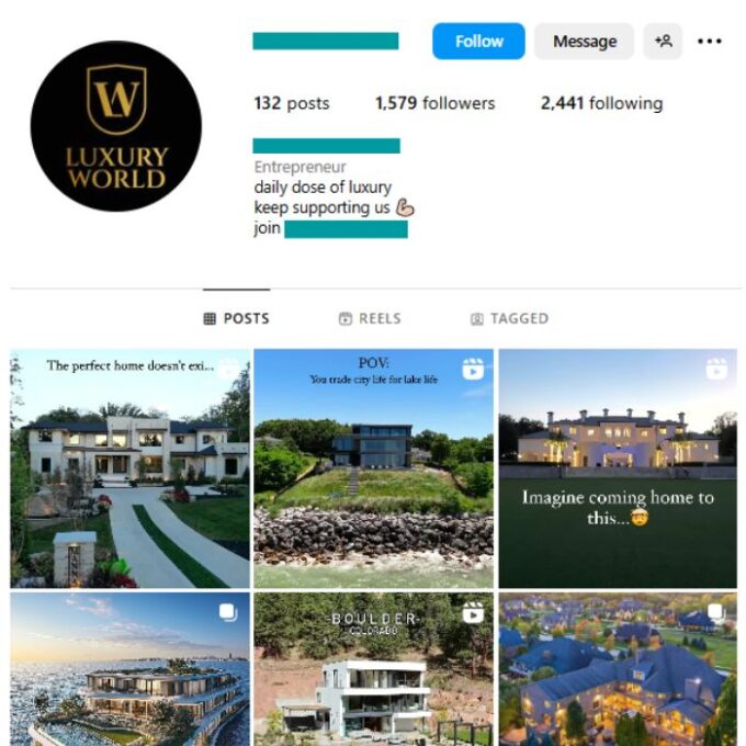 1K Mega Mansions Instagram Account for sale