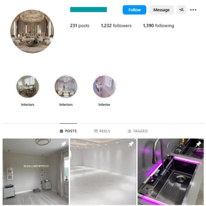 1K Home Interior Design Instagram Account for sale