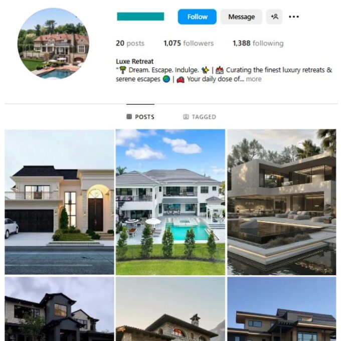 1K Real Estate Mansions Instagram Account for sale