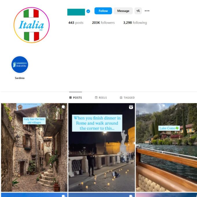 200K Travel Italy Instagram Account for Sale