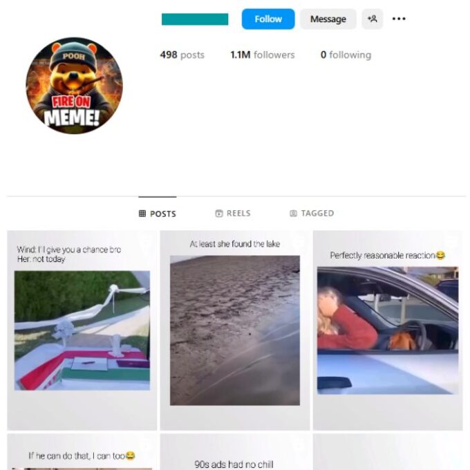 1.1M Memes Funny Videos Instagram Account for sale